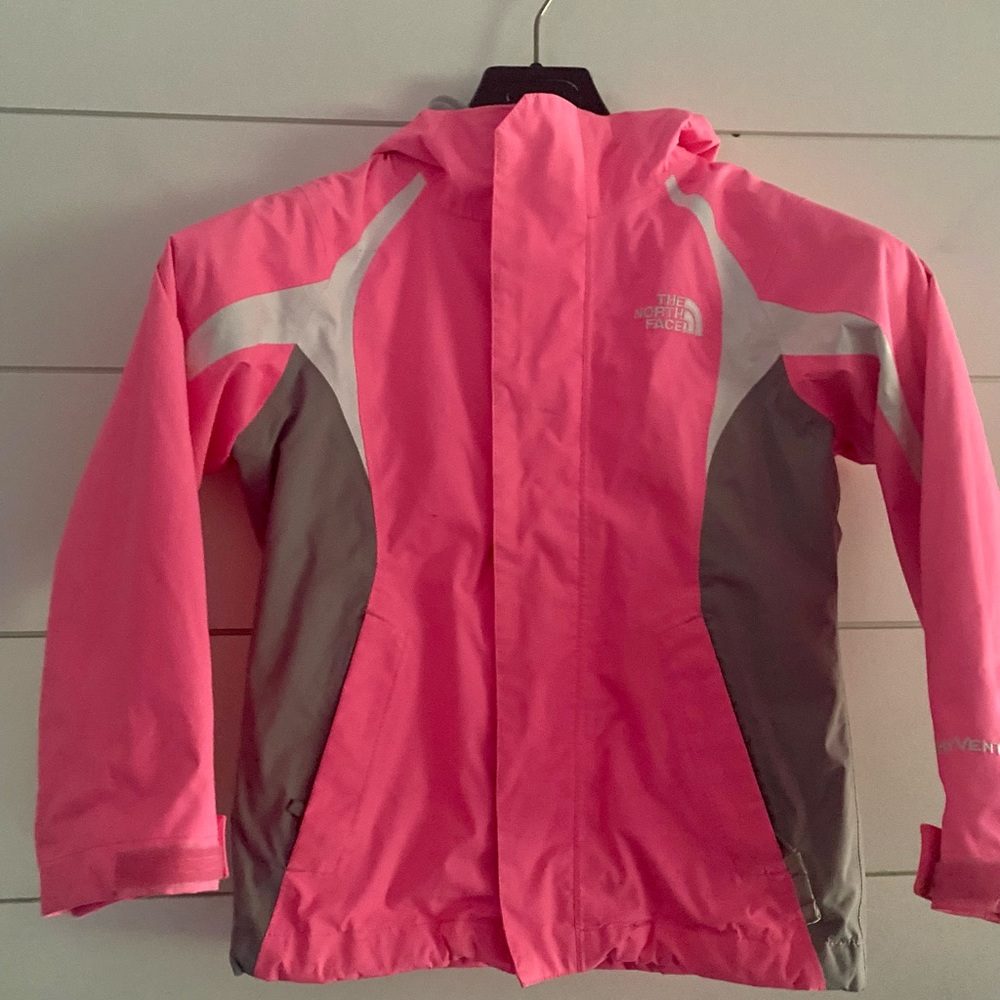 Kids North Face double insulated jacket  (6) XS pink/gray White  fleece liner